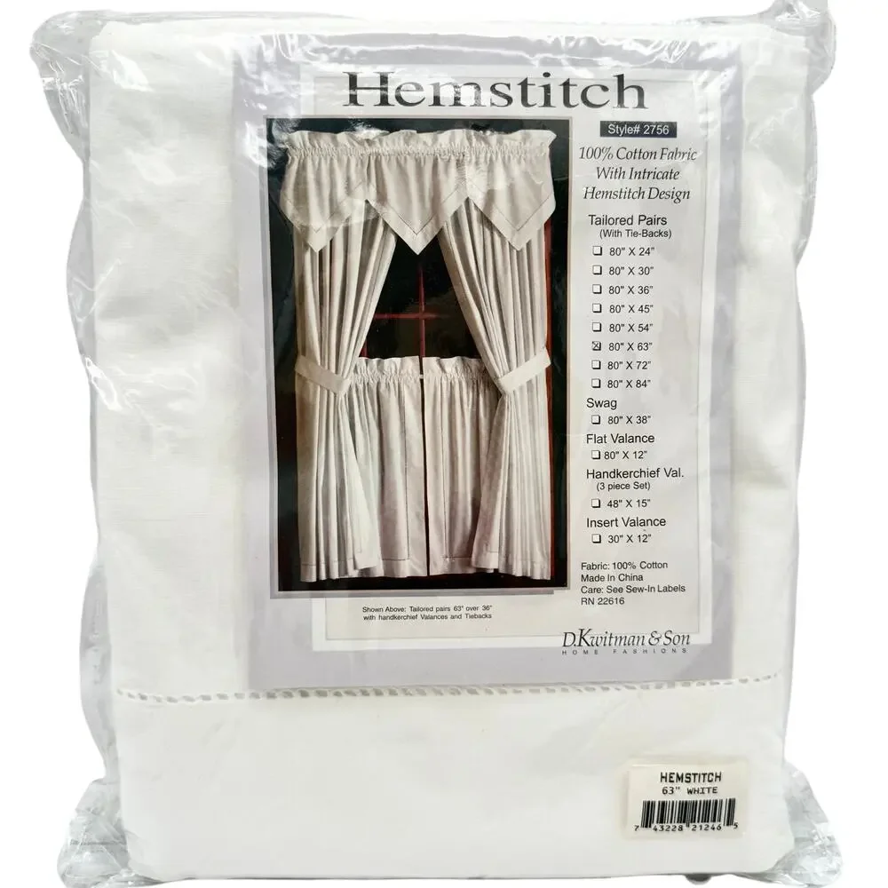 Vintage White Hemstitch Cotton Curtain Panels 80x63 Tailored Pair w/ Tiebacks